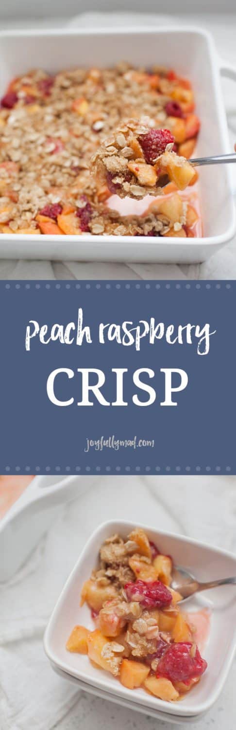 This peach raspberry crisp is the perfect summer dessert! It's light and fresh and perfect when served with a big scoop of vanilla ice cream. The crumble topping is so easy to make and really pulls the entire dish together. You'll love making this light fruity treat!