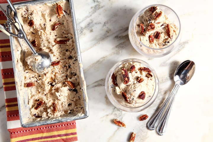Creamy, rich peanut butter ice cream, studded with pecans and dark chocolate chips makes the perfect dessert. Even better? This No Churn Peanut Butter Pecan Chip Ice Cream requires no ice cream maker, so anyone can make this at home!