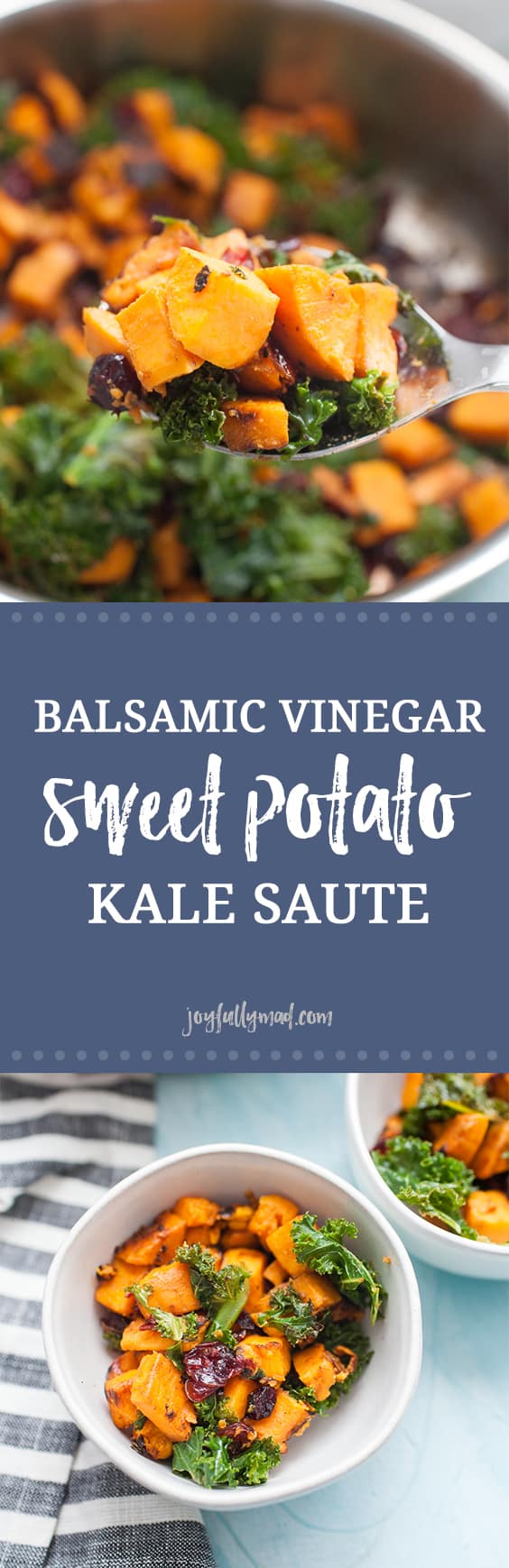 In need of a quick but delicious side dish for dinner? This sweet potato and kale saut? is perfectly delicious and easy to make. The sweet potatoes are the star of this show, but the red onions, cranberries, kale and a splash of balsamic vinegar make this dish robust in flavor! easy side dish | side dish ideas | sweet potatoes | kale | red onions | onions | cranberries | balsamic vinegar