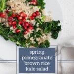 A white plate with a serving of brown rice, kale, and pomegranate seeds. The text on the image reads, "spring pomegranate brown rice kale salad," showcasing a delightful brown rice recipe. The website joyfullymad.com is cited.
