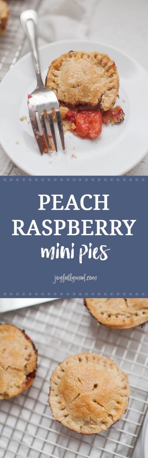 Peach raspberry mini pies on a cooling rack.