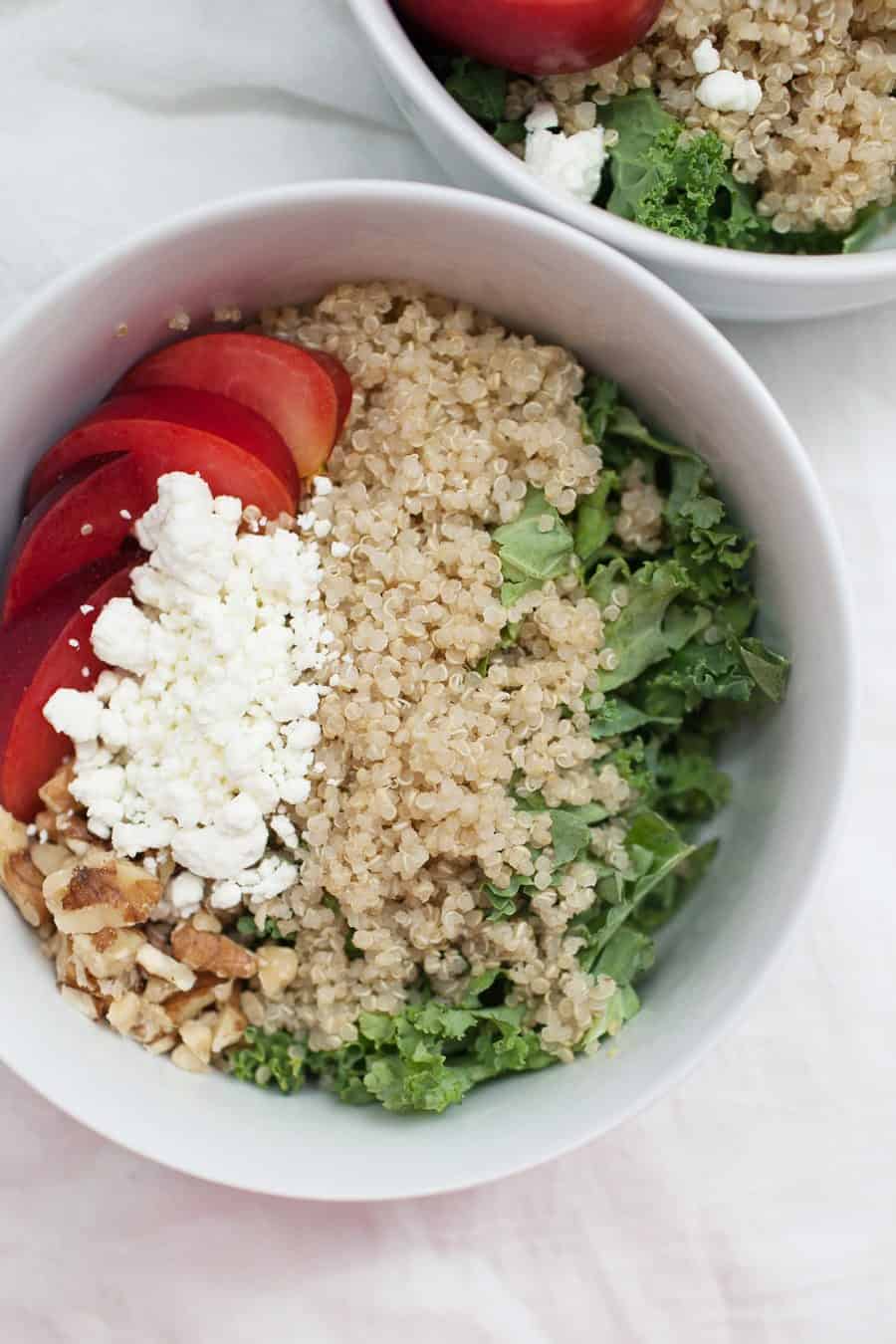 Don't settle for boring salads! This?Plum Quinoa Kale Salad is packed with flavors and textures that will make this your new favorite salad. The salad has a bed of kale, topped with soft quinoa, crunchy and flavorful walnuts and sweet plums and has a simple honey vinaigrette to bring all of the flavors together.