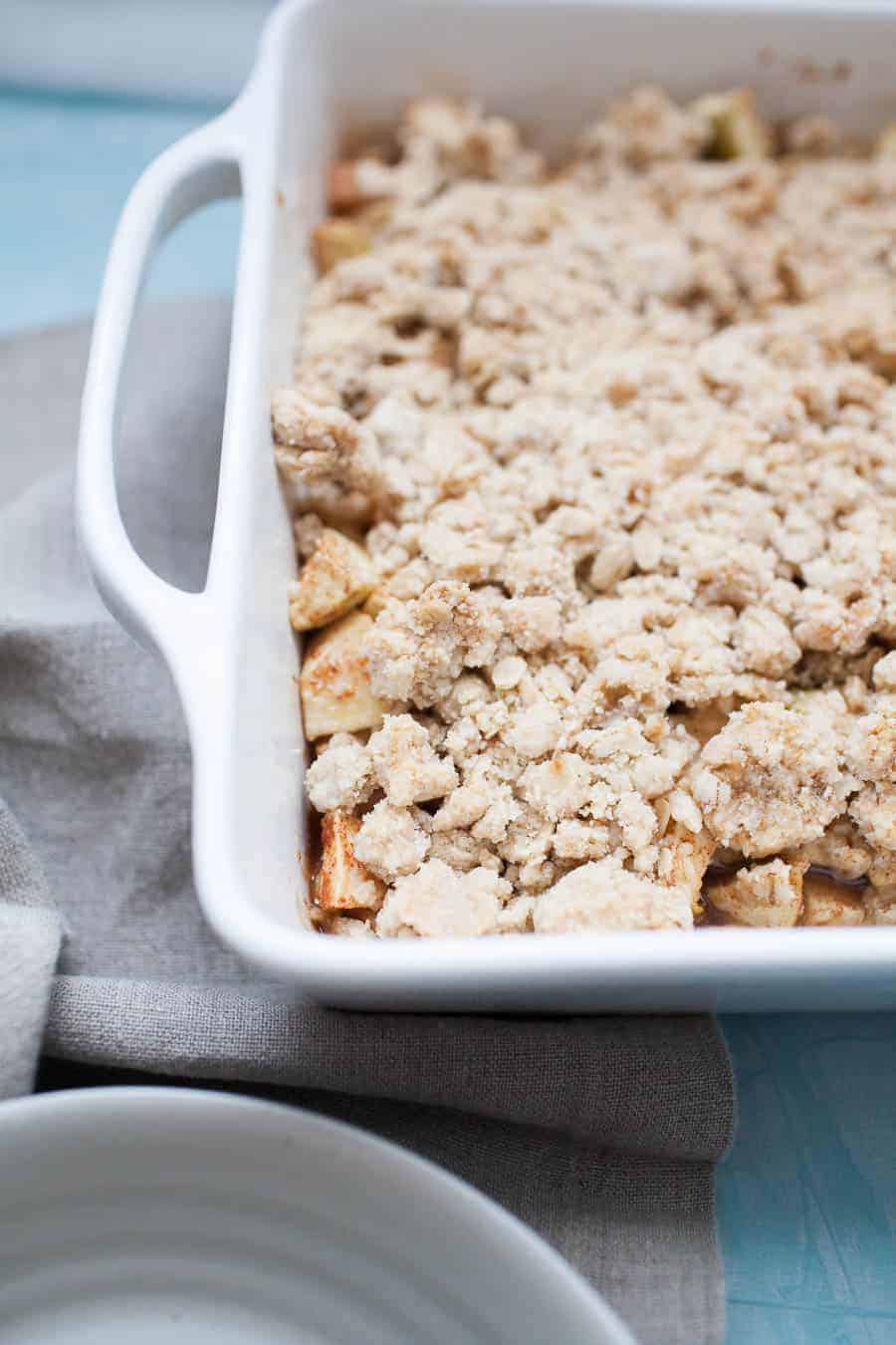 This fall apple crisp is an easy dessert that is perfect for any occasion this fall! Made with a mix of sweet and tart apples and topped with the perfect brown sugar oat crumble topping! It's best served warm with a scoop of ice cream but no matter how you eat it, it will be a crowd pleaser for sure.?