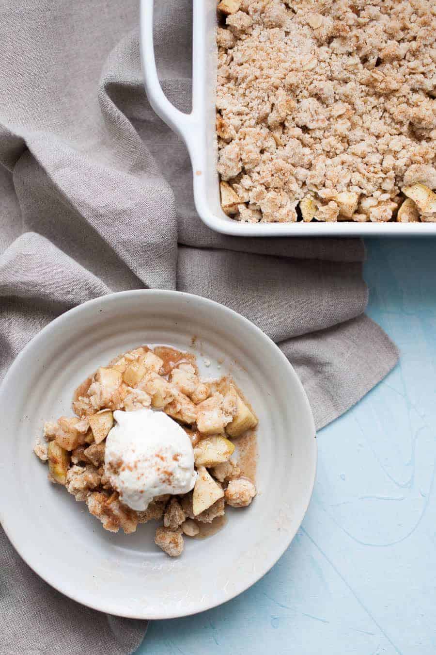 This fall apple crisp is an easy dessert that is perfect for any occasion this fall! Made with a mix of sweet and tart apples and topped with the perfect brown sugar oat crumble topping! It's best served warm with a scoop of ice cream but no matter how you eat it, it will be a crowd pleaser for sure.?