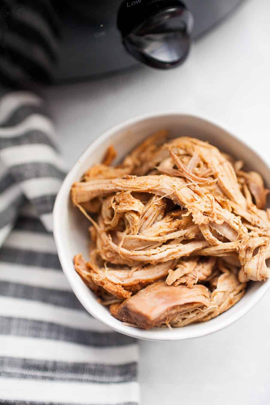 Sugar-free pulled pork in a small, white bowl.