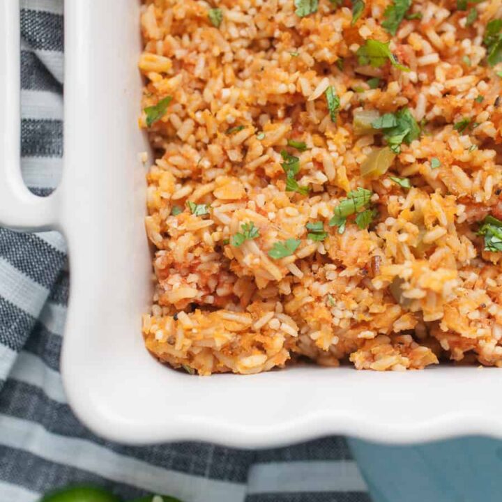 a casserole dish with mexican rice