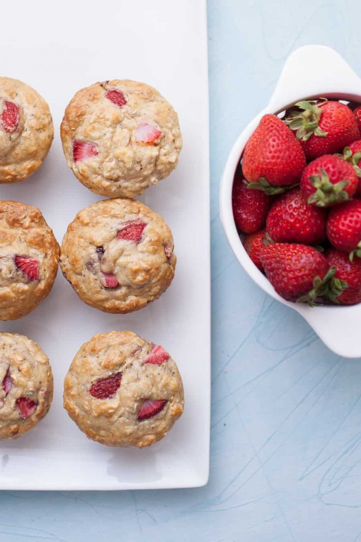 No Sugar Added Strawberry Chia Seed Muffins are such a fun treat to have on hand this week! They are so easy to make, no fancy ingredients required, even though they are sugar free! These no sugar added muffins get their sweetness from applesauce and strawberries, which are really the star of the show. Pack in some extra protein with chia seeds and these muffins are a true powerhouse.?