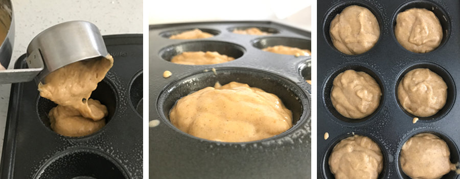 From left to right, stainless steel scoop pouring batter into muffin tin, close up of filled muffin tin, overhead of muffin tin filled with batter. 