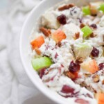 Close-up of a bowl filled with creamy Christmas fruit salad containing red and green apple chunks, grapes, pecans, and dried cranberries mixed in a creamy dressing.