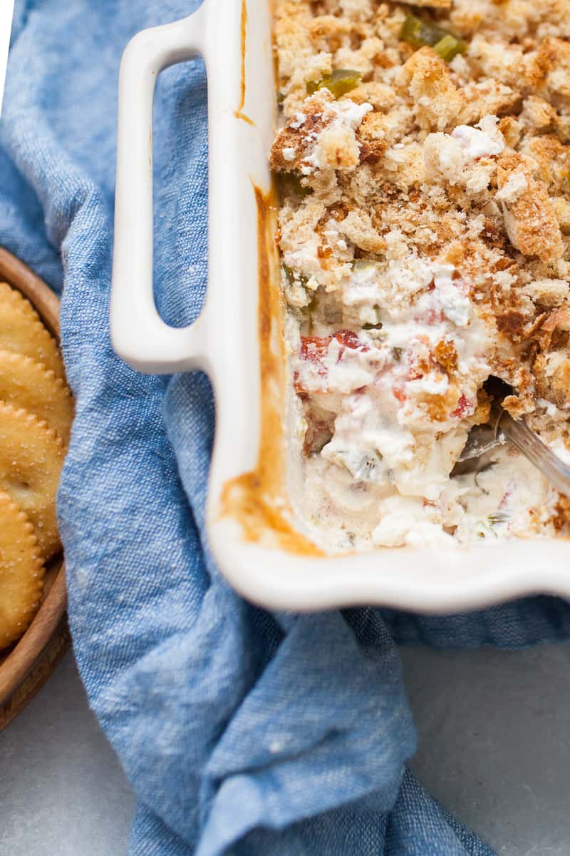 cream cheese jalapeño dip in a white dish