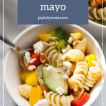 A bowl of pasta salad with rotini, broccoli, cucumber, bell peppers, and cheese sits by a fork. Text above reads, “easy pasta salad without mayo.” Try pairing with Fresh Fruit Salad for a vibrant meal.