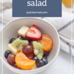 A bowl of Fresh Fruit Salad, featuring orange slices, strawberries, kiwi, grapes, and apple pieces, sits on a light surface.