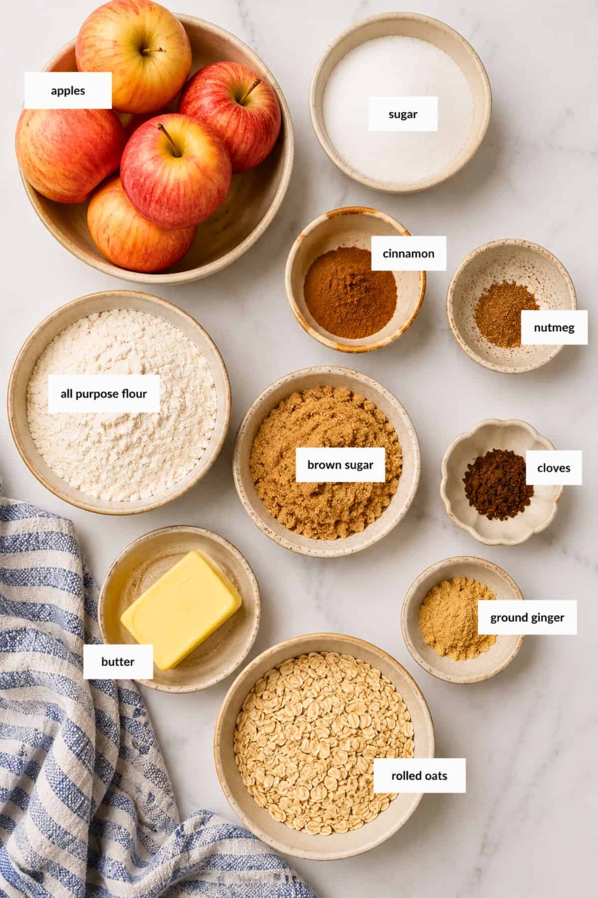 Overhead view of bowls containing fresh red apples, white and brown sugar, cinnamon, nutmeg, all-purpose flour, cloves, butter, ground ginger, and rolled oats.