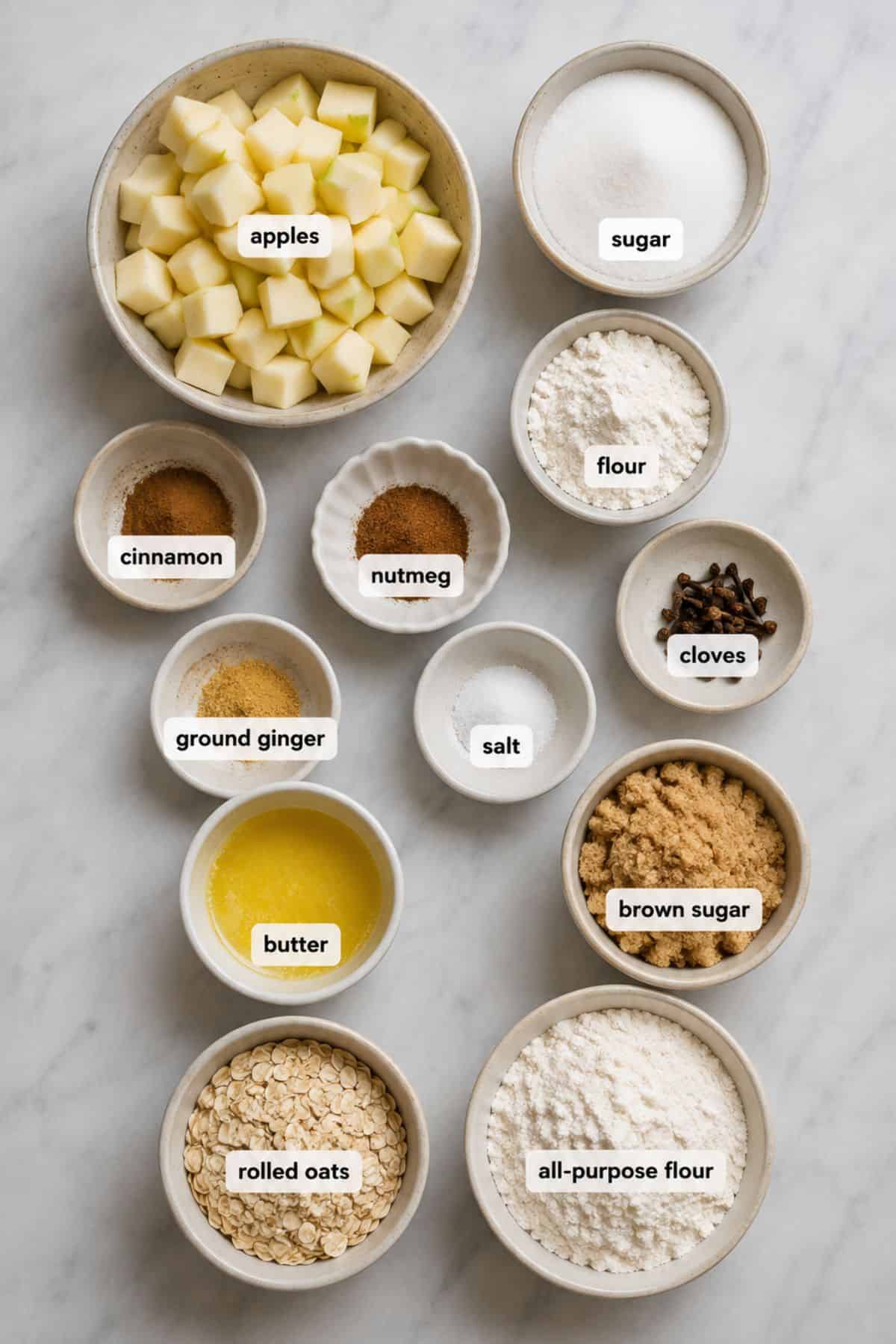 Overhead view of bowls containing ingredients for a cozy fall apple crisp with oat topping: apples, sugar, flour, cinnamon, nutmeg, cloves, ground ginger, salt, butter, brown sugar, rolled oats, and all-purpose flour on a marble surface.