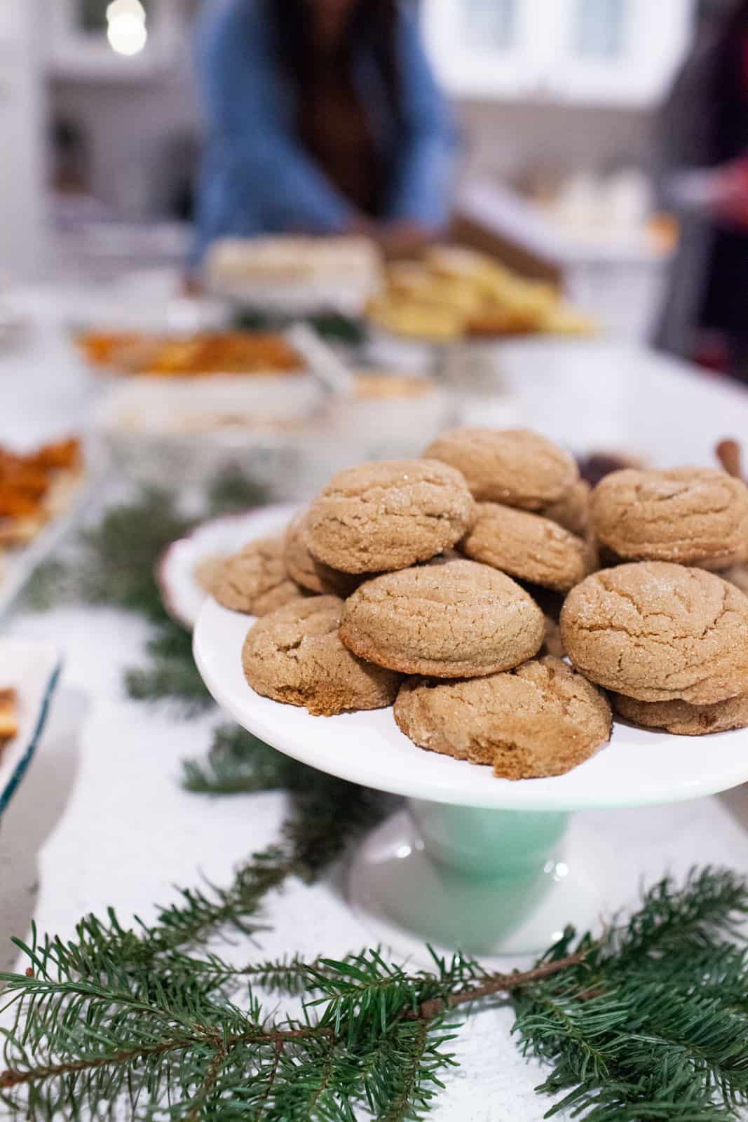 Platter of snickerdoodle cookies at a Christmas party.