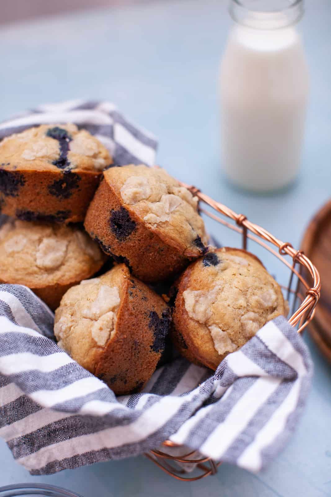 closeup of the texture on blueberry muffins with streusel topping