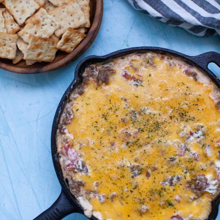 skillet sausage dip in a cast iron pan