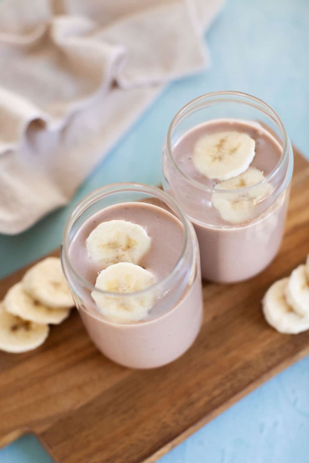 bananas on top of chocolate smoothies