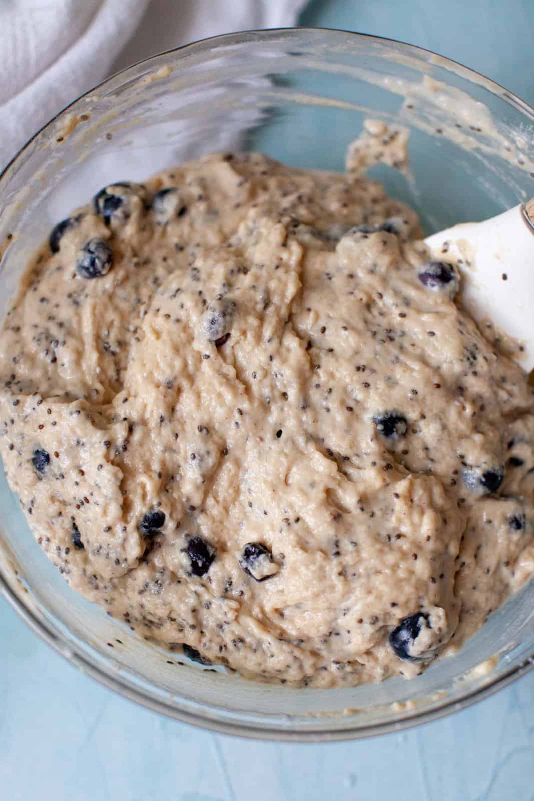 blueberry chia seed muffin batter ready to bake