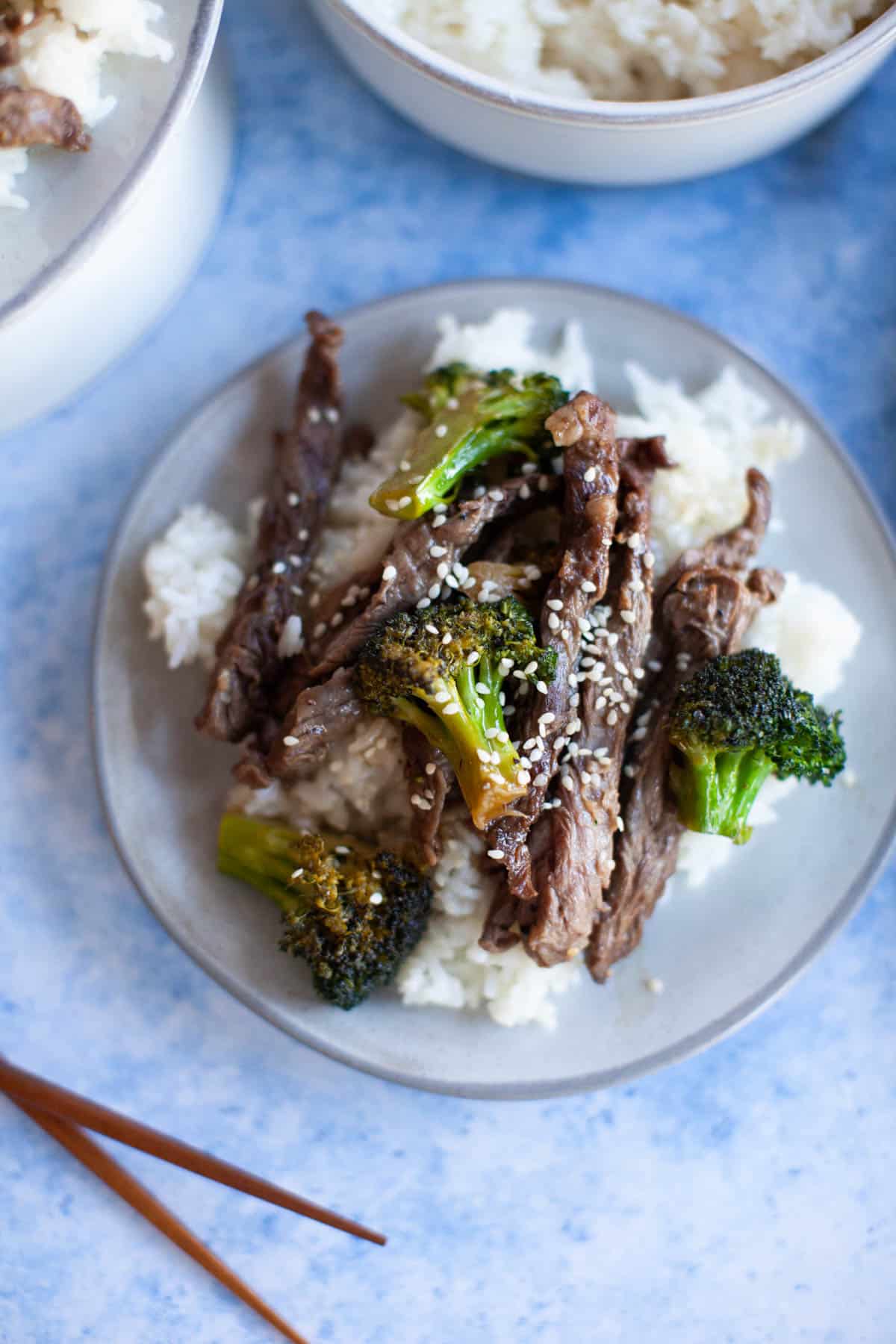 Beef and Broccoli stir fry on a bed of white rice