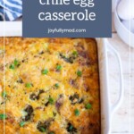 A baked green chile egg casserole in a white dish, topped with chopped green onions. The background includes a cloth and a bowl with eggs, reminiscent of the vibrant colors found in confetti cupcakes. Text at the top reads "Green Chile Egg Casserole.