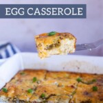 A fork holding a piece of green chile egg casserole above a dish containing the rest, sliced into squares. The top of the image has the text "green chile EGG CASSEROLE." It's like confetti cupcakes for breakfast enthusiasts.