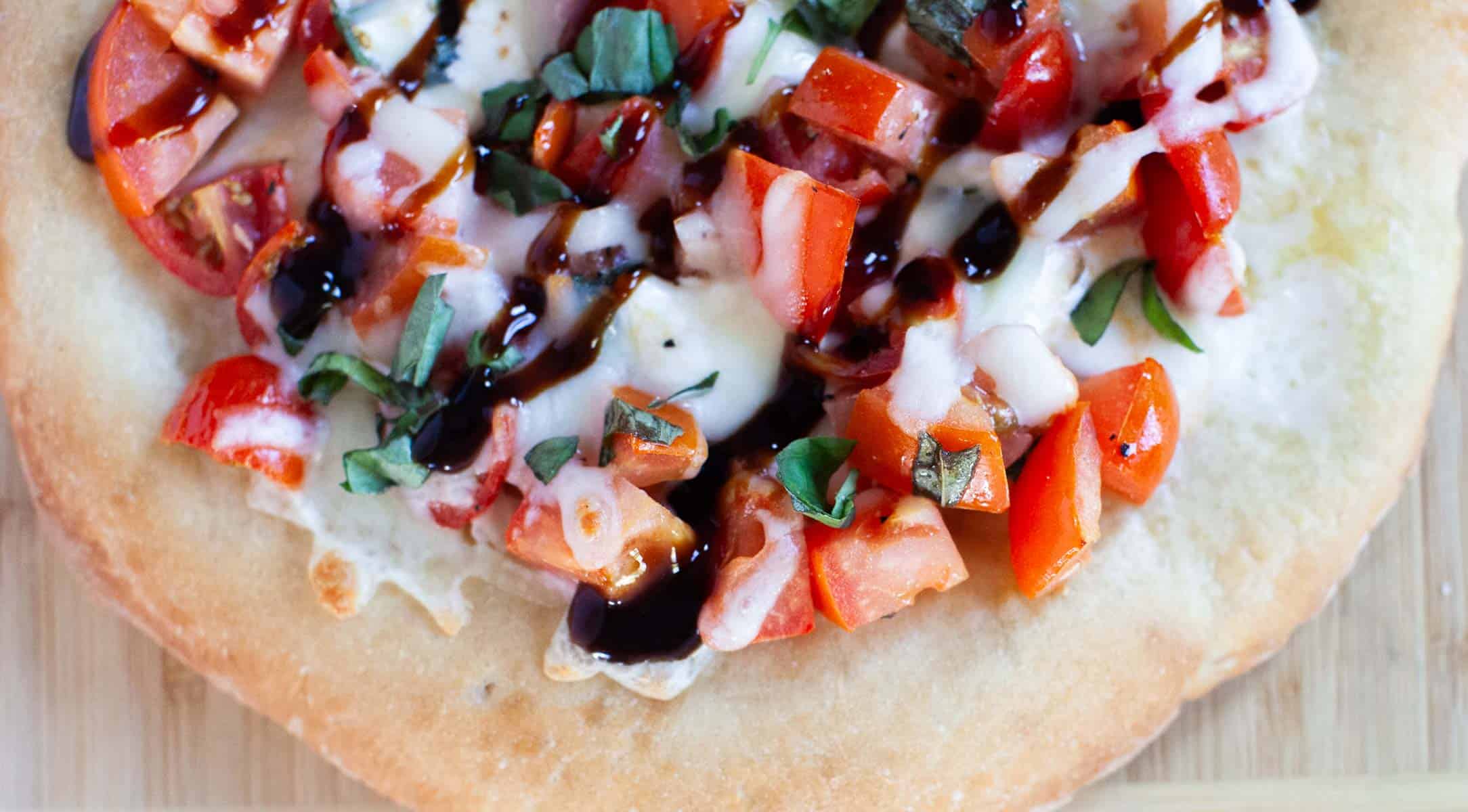 Close up shot of bruschetta pizza.