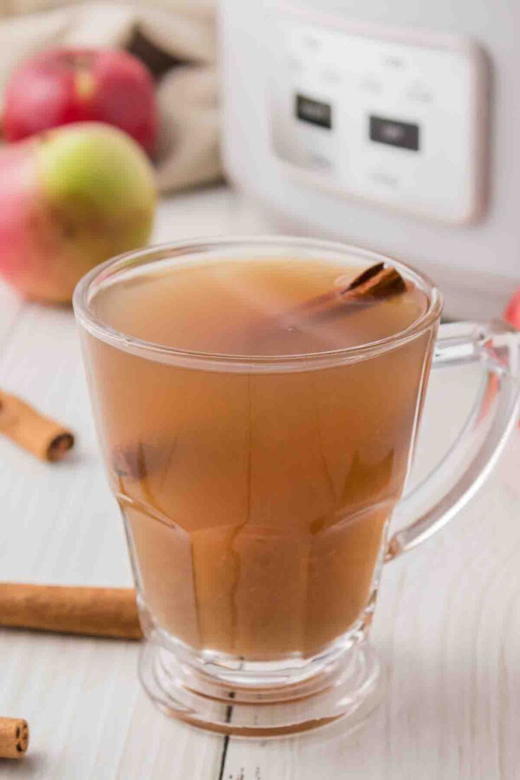 A clear, glass mug filled with spiced apple cider surrounded by red apples and cinnamon sticks.
