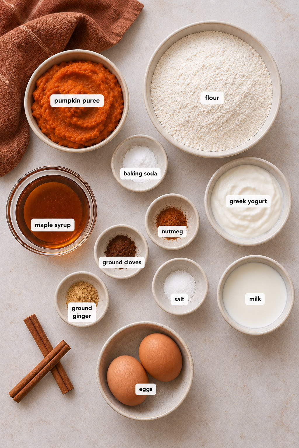 Top-down view of labeled bowls containing ingredients for pumpkin muffins&mdash;pumpkin puree, flour, maple syrup, baking soda, nutmeg, Greek yogurt, ground cloves, ground ginger, salt, milk, two eggs, and two cinnamon sticks.