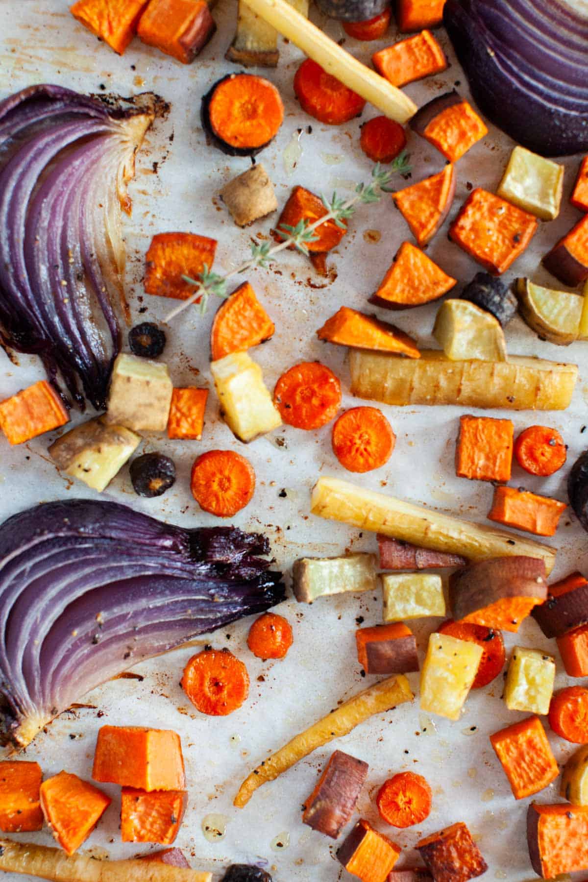 Roasted root veggies on a baking sheet.