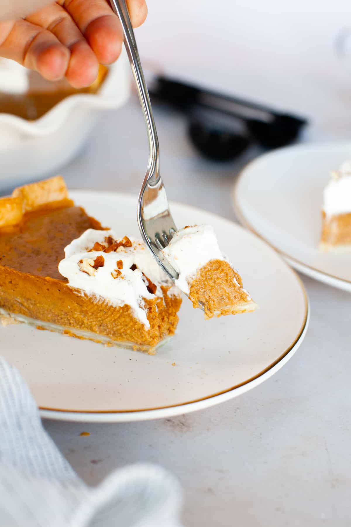 A bite being taken out of pumpkin pie.