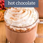 Indulge in a delightful cup of Mexican hot chocolate, infused with the warm aroma of cinnamon and topped off with a delicious dollop of whipped cream.