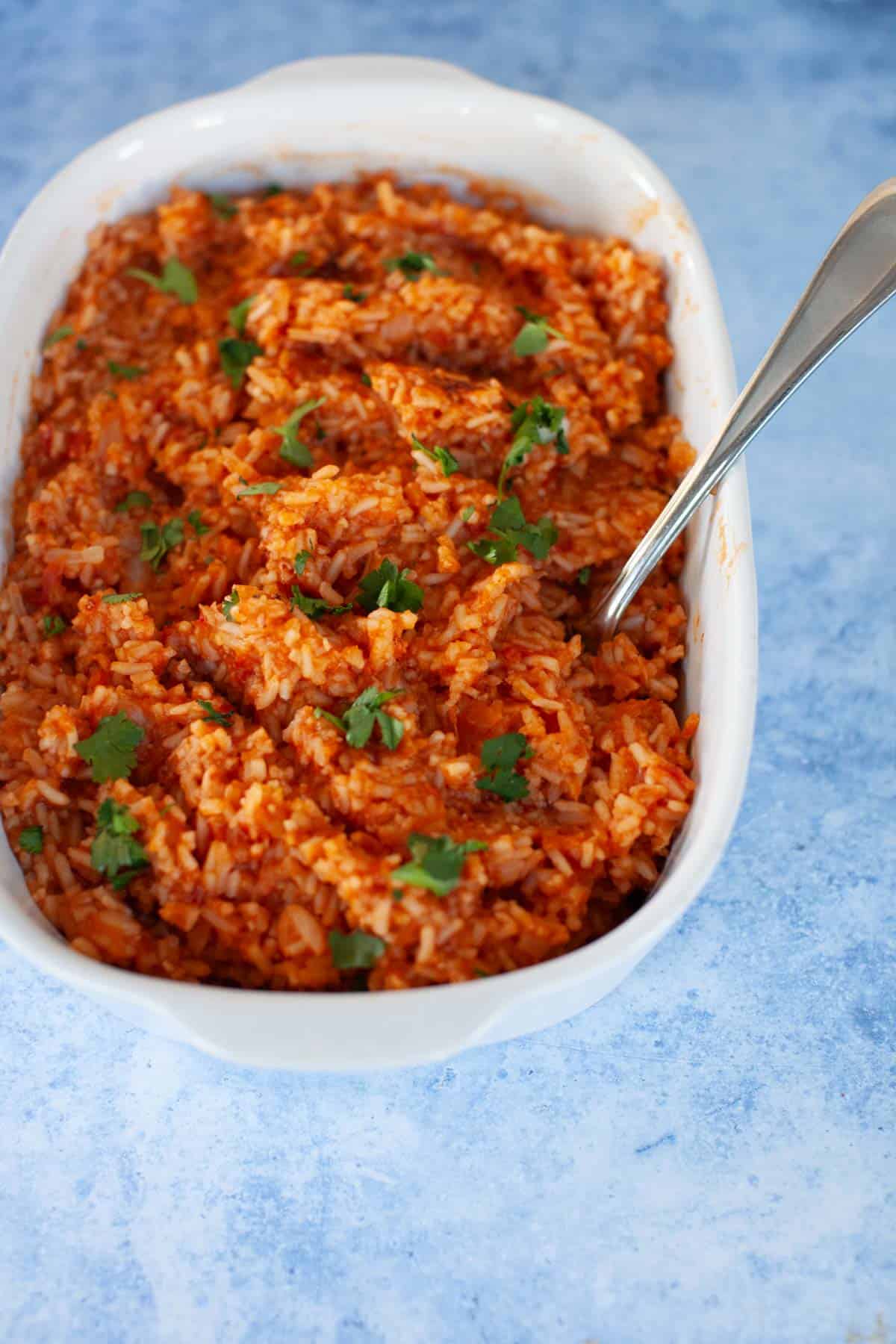 Instant pot Mexican rice in an oval serving dish.