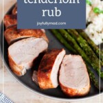 Sliced pork tenderloin with a taco spice rub served with rice and asparagus.