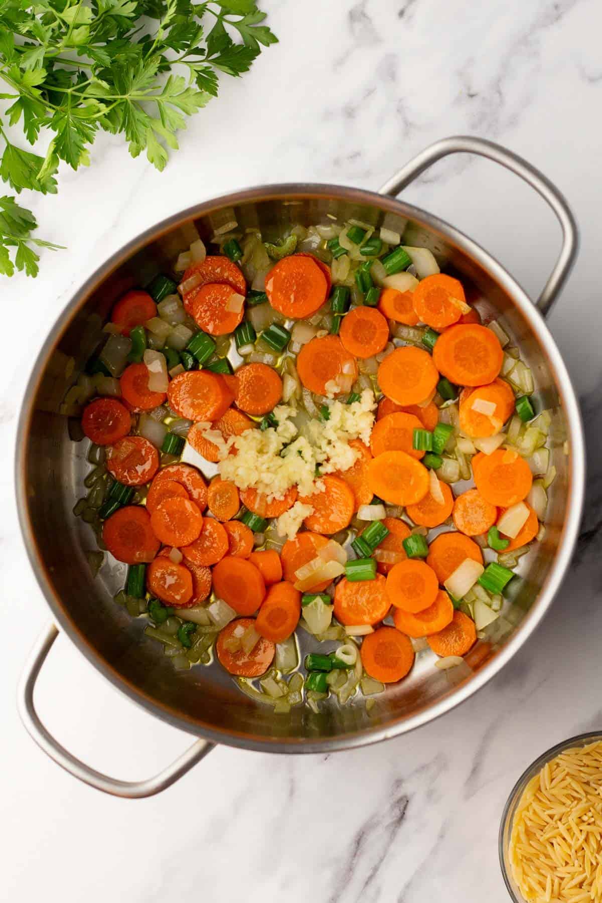 A stainless steel pot contains sliced carrots, chopped celery, onions, and minced garlic on a marble countertop. Parsley and cheese are nearby.