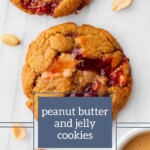 A close-up of peanut butter and jelly cookies on a white surface, with peanuts scattered around. A blue square in the center reads "peanut butter and jelly cookies." The aroma of ginger cookies subtly mingles in the background, adding a warm, spicy hint to this delightful setting.
