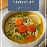 A hearty bowl of chicken orzo soup featuring tender chicken, vibrant carrots, orzo pasta, fresh parsley, and a zesty lemon slice on top.