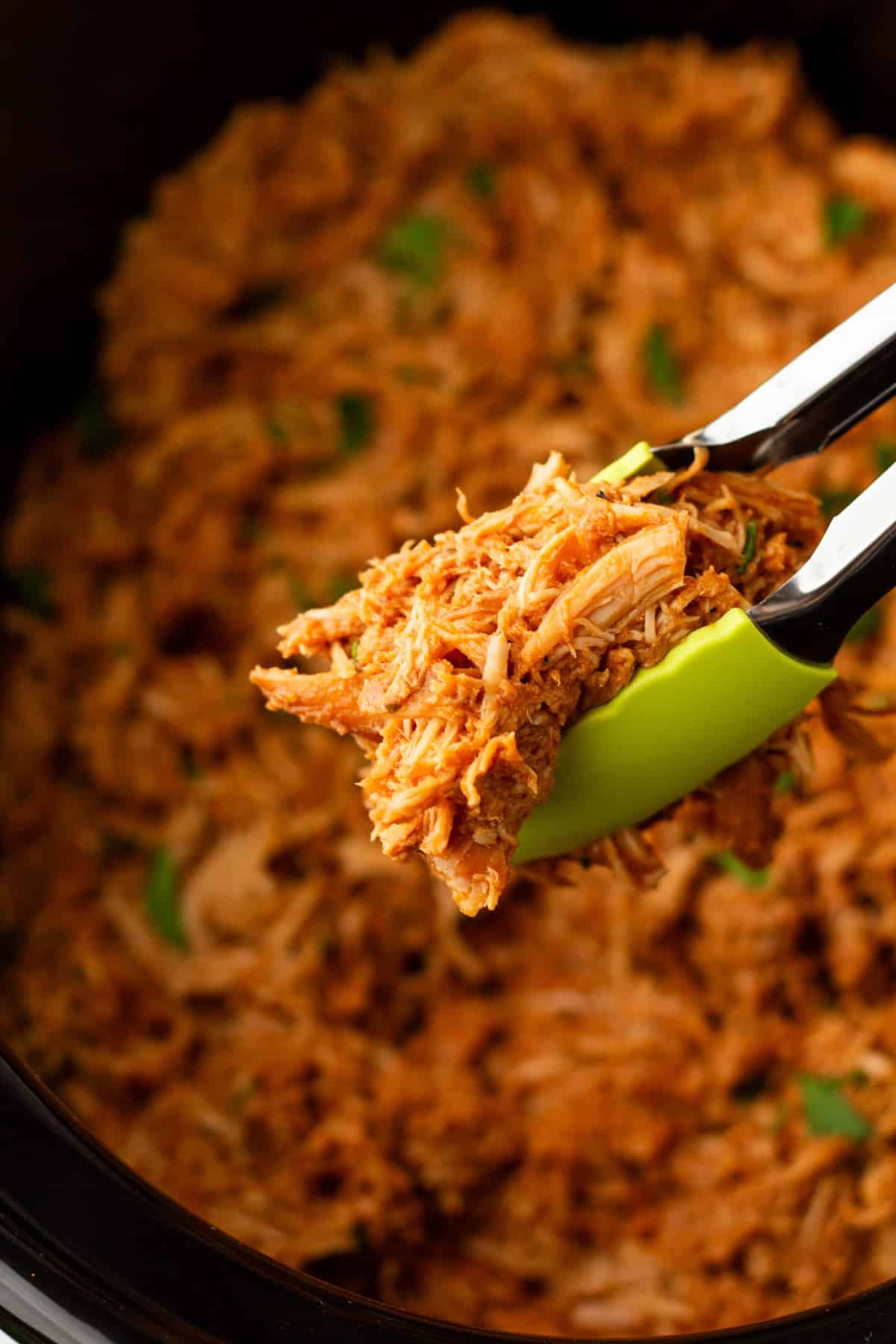 Close-up of shredded chicken with herbs being lifted by green tongs from a slow cooker.