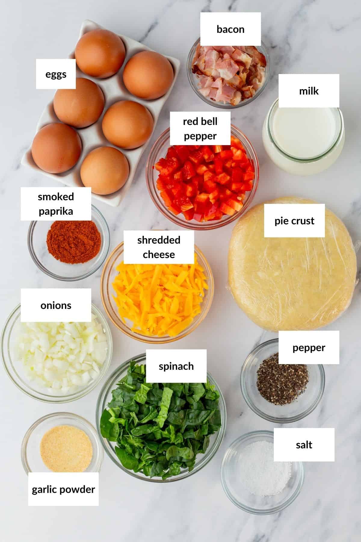 Top-down view of labeled ingredients for a quiche, including eggs, bacon, milk, red bell pepper, smoked paprika, shredded cheese, pie crust, onions, spinach, black pepper, salt, and garlic powder.