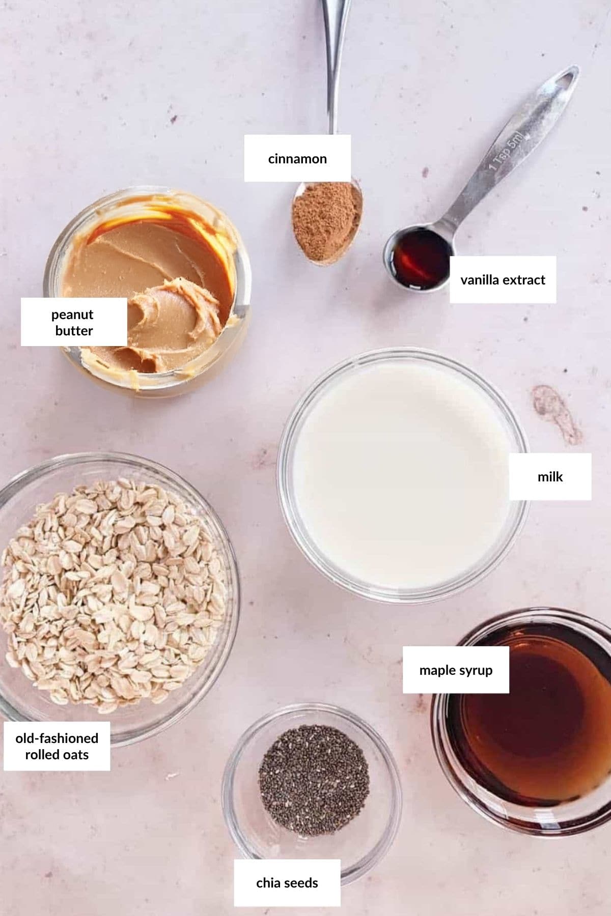 A flat lay of labeled ingredients for peanut butter overnight oats: peanut butter, cinnamon, vanilla extract, milk, maple syrup, rolled oats, and chia seeds on a light surface.