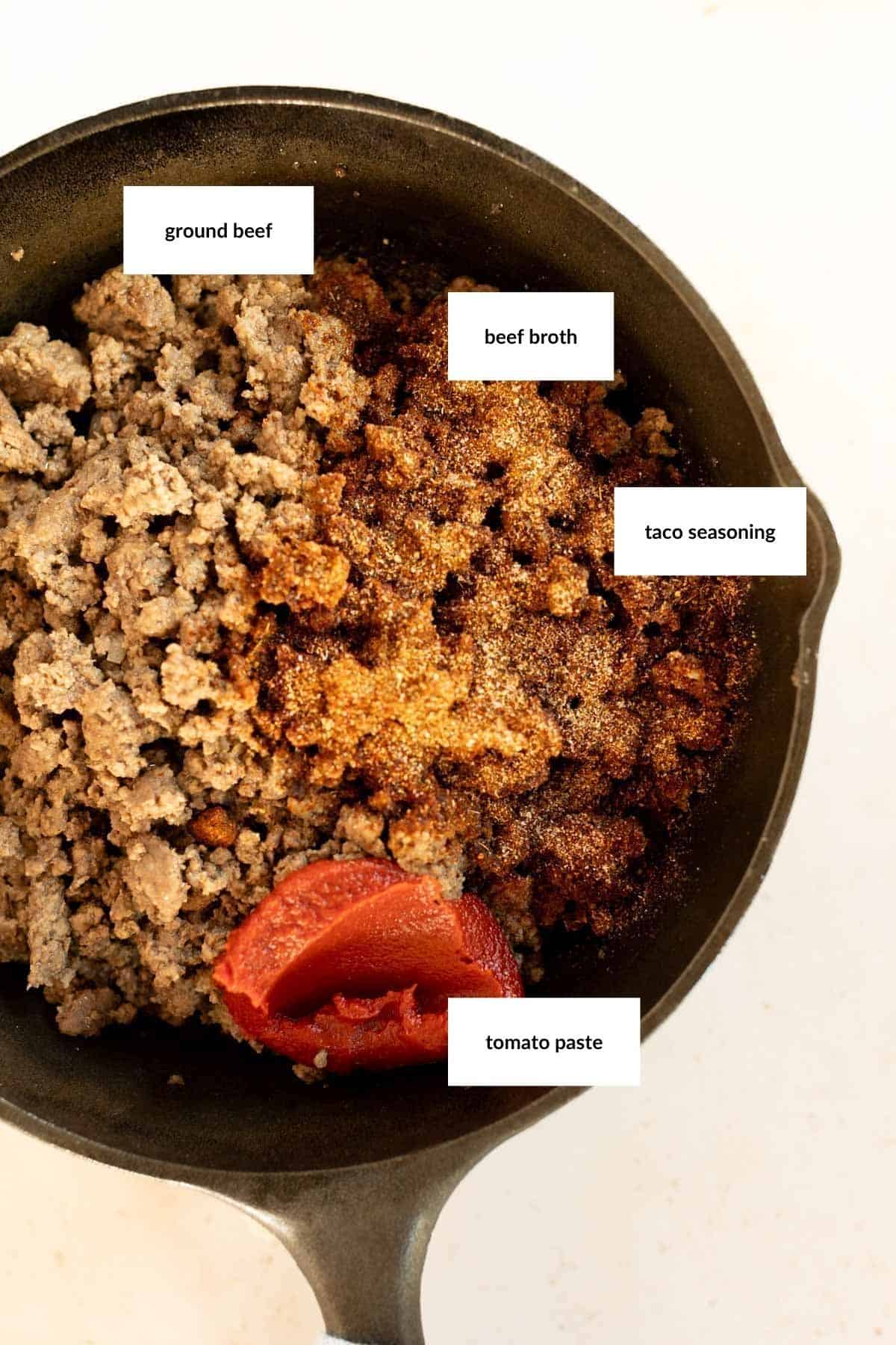 A skillet containing cooked taco meat made from ground beef, beef broth, taco seasoning, and tomato paste, each labeled with text boxes.