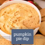 A delicious bowl of pumpkin pie dip surrounded by cookies and fresh strawberries, with "pumpkin pie dip" elegantly written on the image.