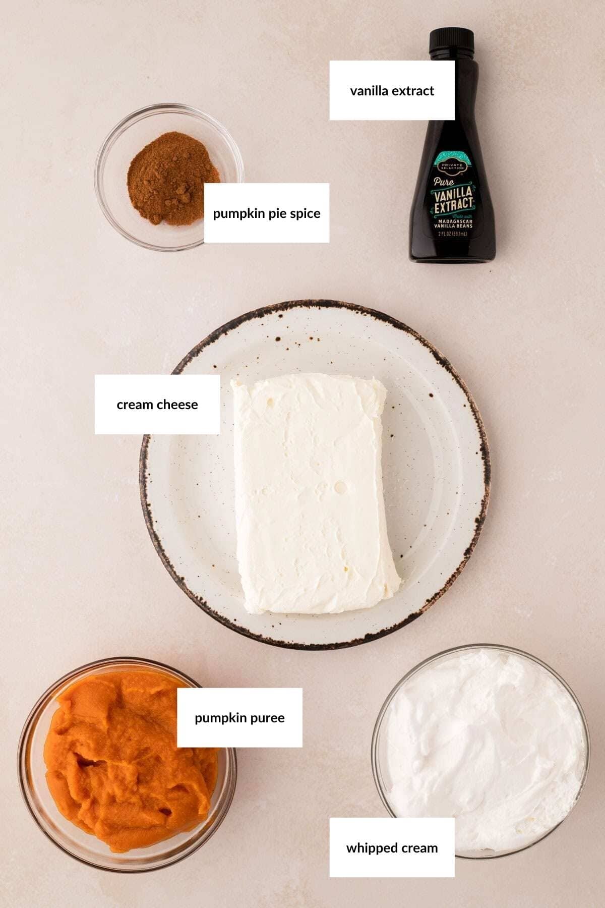 Five labeled ingredients on a light background show what you need for pumpkin pie dip: pumpkin pie spice, vanilla extract, cream cheese, pumpkin puree, and whipped cream.