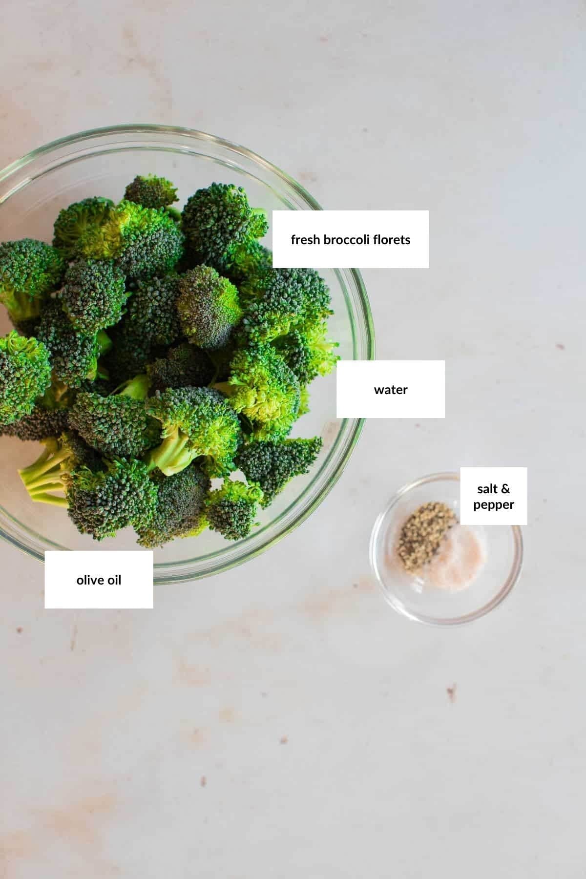 A bowl of fresh steamed broccoli florets, a small bowl of olive oil, and a dish with salt, pepper, and water are neatly labeled on a light tabletop.