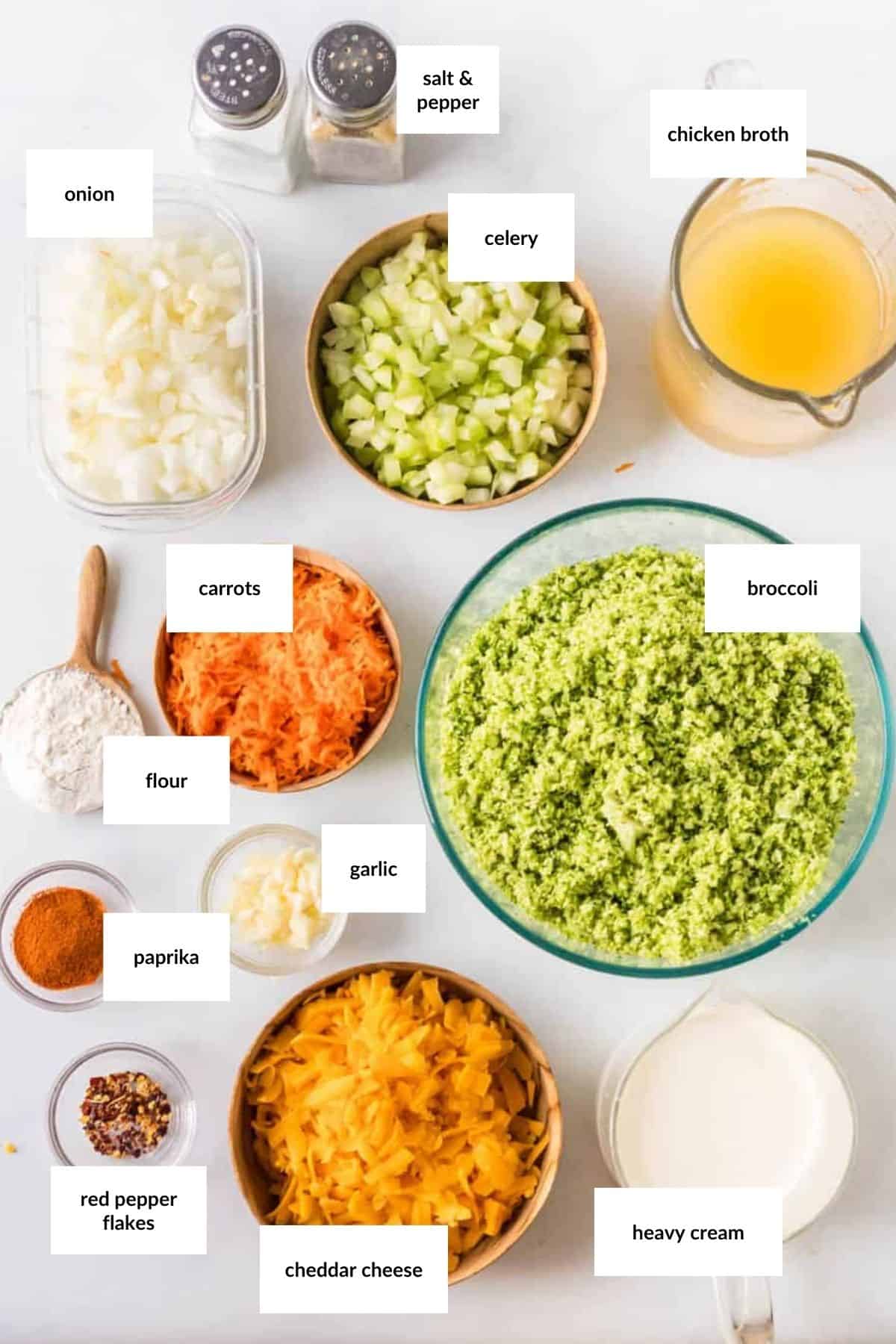 Various labeled ingredients for soup, including chopped onion, celery, shredded carrots, broccoli, garlic, cheddar cheese, flour, paprika, red pepper flakes, salt, pepper, chicken broth, and heavy cream.
