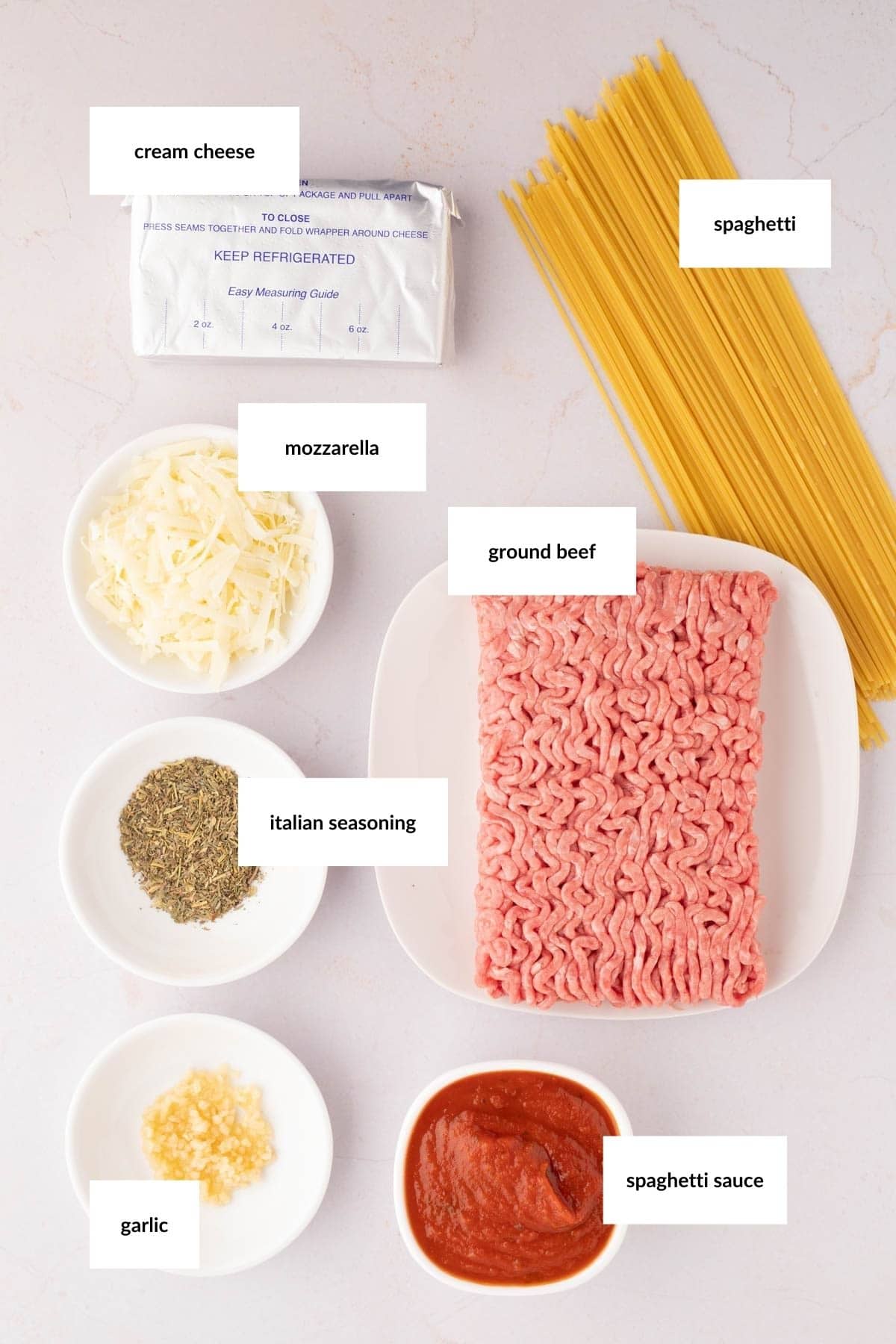 Flat lay of labeled ingredients for a pasta dish, including spaghetti, ground beef, cream cheese, mozzarella, Italian seasoning, garlic, and spaghetti sauce.