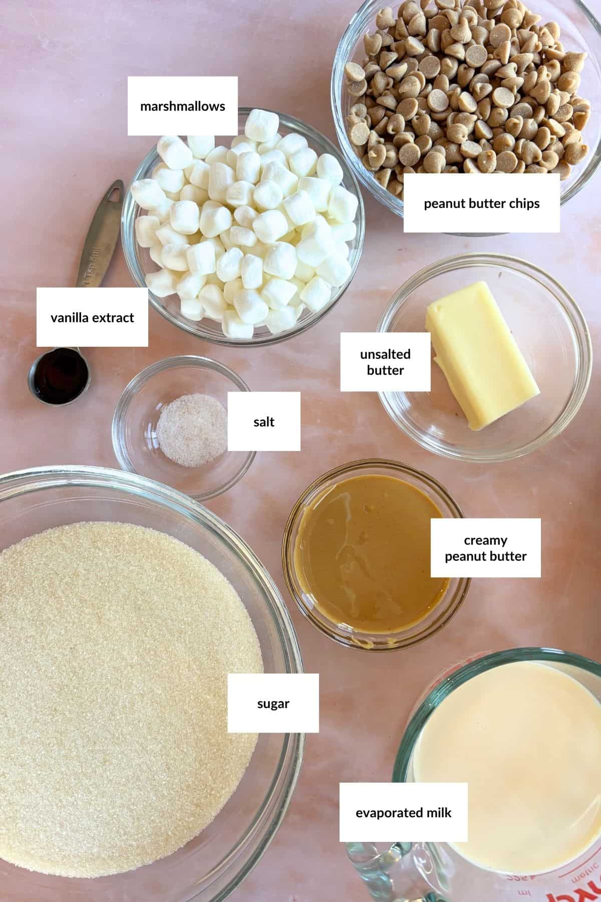 Bowls of labeled ingredients for an easy peanut butter fudge recipe, including marshmallows, peanut butter chips, vanilla extract, salt, unsalted butter, creamy peanut butter, sugar, and evaporated milk.
