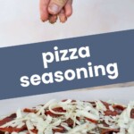A hand sprinkles seasoning over an unbaked pizza topped with cheese and pepperoni, just like adding flavor to dry rub wings. The text on the image reads "pizza seasoning.