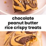Close-up of chocolate peanut butter rice crispy treats topped with a marbled swirl of chocolate and peanut butter and sprinkled with sea salt.