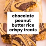 Close-up of chocolate peanut butter rice crispy treats with a swirled chocolate and peanut butter topping, some pieces with bites taken out.